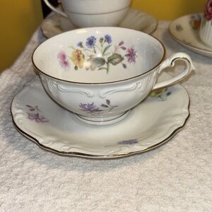Floral Teacup and Saucer Set with 22k Gold Trim